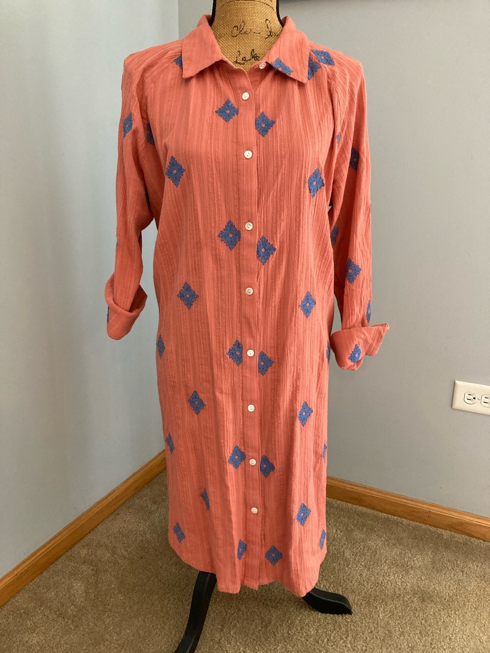 J.Jill Coral Button-Front Midi Shirt Dress Blue Diamond Embroidery Women Size L